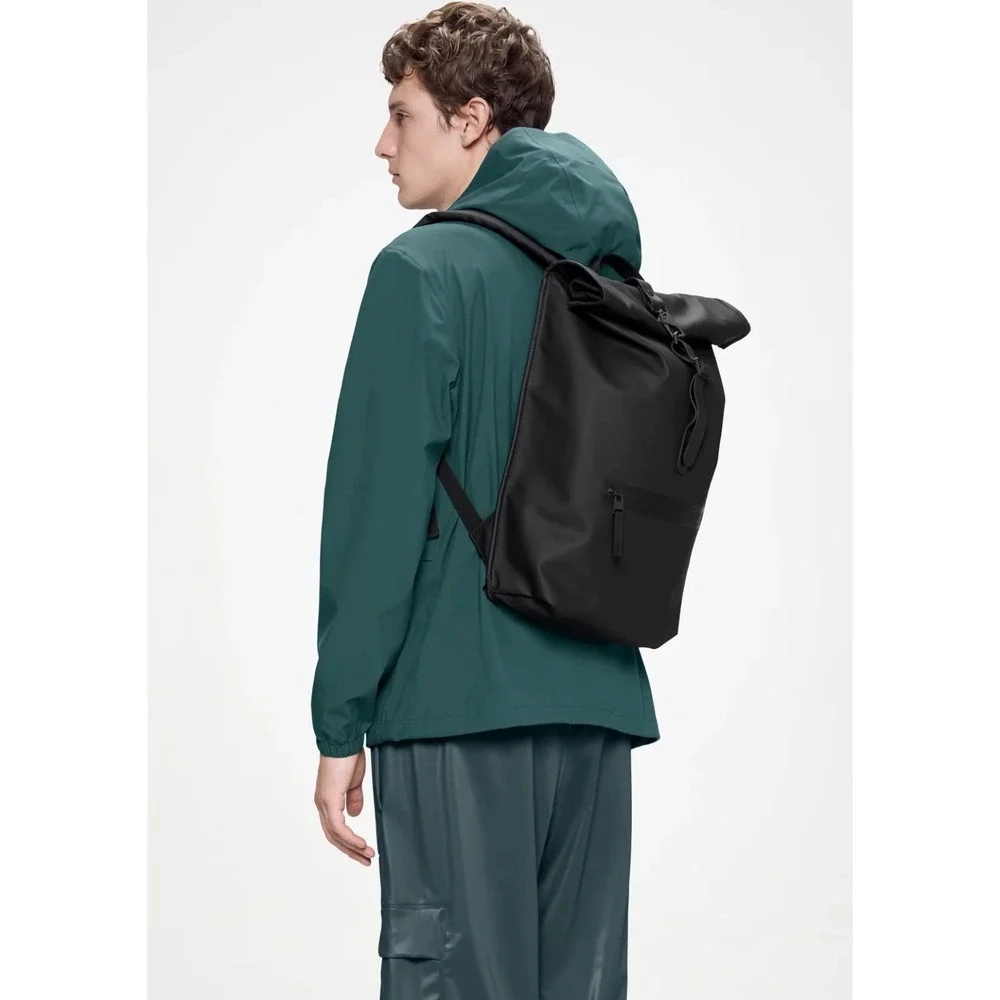 Rains Black Rolltop Rucksack Waterproof Commuter Laptop Backpack NWT $150